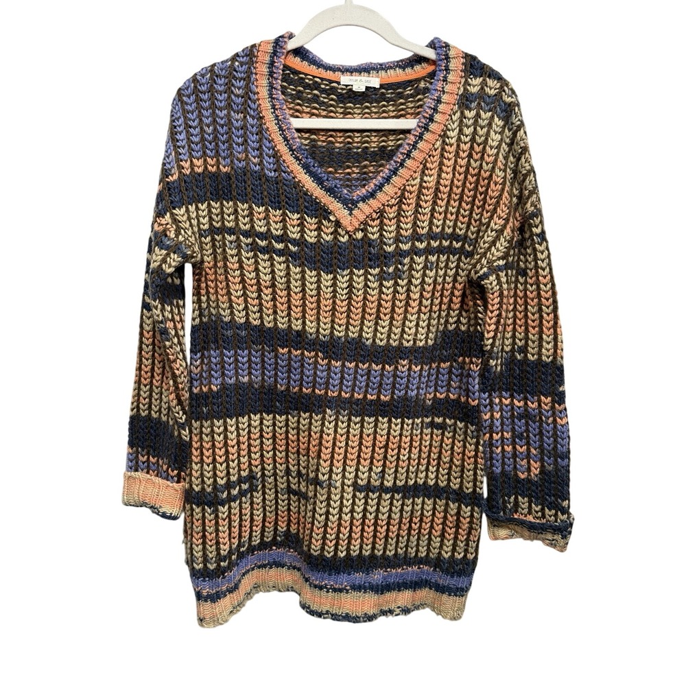 Taylor & Sage Womens M Colorful Striped Chunky Knit V-Neck Sweater Boho Pullover